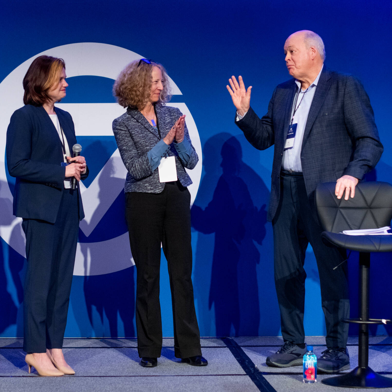 Former CEO of Ford Motor Company and Steelcase, Jim Hackett, first from right, Laura Aikens, Provost Jennifer during the College of Computing Innovation Day